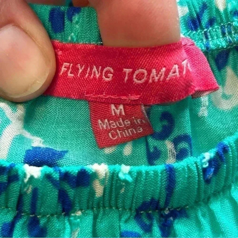 Flying tomato off shoulders Womens Medium Top Teal Blue Floral Elastic Waist - Picture 3 of 8